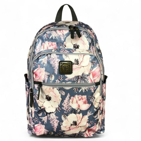 Cotton Road Backpack: BLUE PVC 15,6" Laptop Backpack with FLOWERS