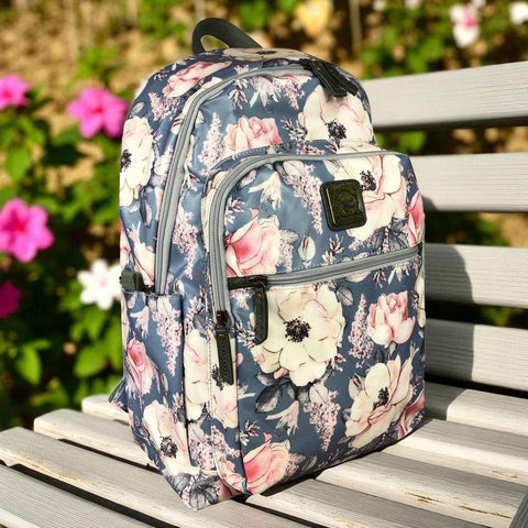 Cotton Road Backpack: BLUE PVC 15,6" Laptop Backpack with FLOWERS