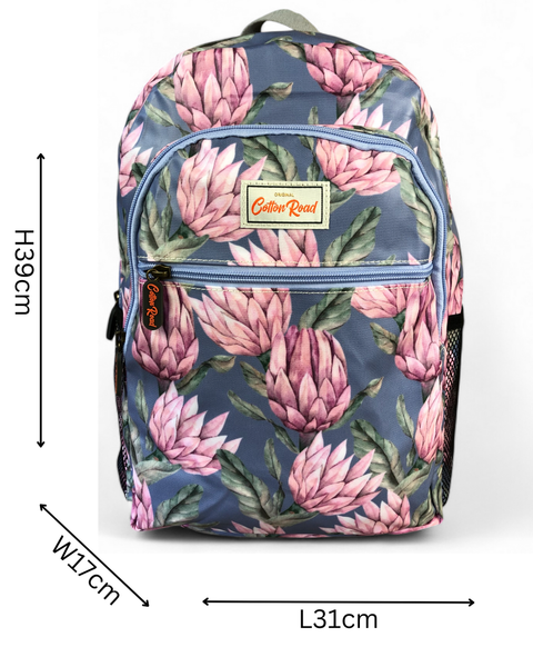 Cotton Road Backpack: BLUE PVC Backpack with PROTEAS