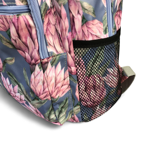 Cotton Road Backpack: BLUE PVC Backpack with PROTEAS