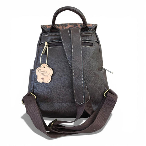 Cotton Road Backpack: BROWN PU Leather Backpack with ANIMAL Print detailing
