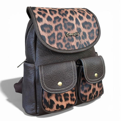 Cotton Road Backpack: BROWN PU Leather Backpack with ANIMAL Print detailing