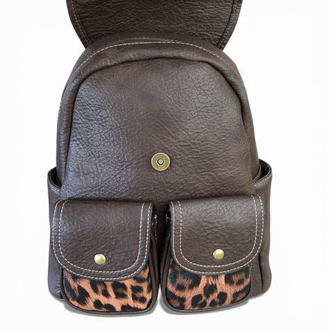 Cotton Road Backpack: BROWN PU Leather Backpack with ANIMAL Print detailing