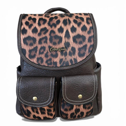 Cotton Road Backpack: BROWN PU Leather Backpack with ANIMAL Print detailing