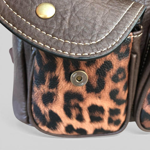 Cotton Road Backpack: BROWN PU Leather Backpack with ANIMAL Print detailing