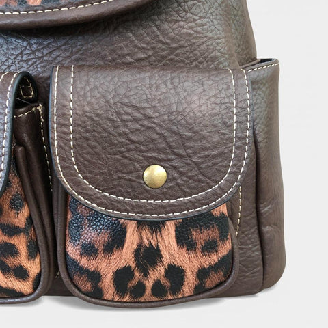Cotton Road Backpack: BROWN PU Leather Backpack with ANIMAL Print detailing