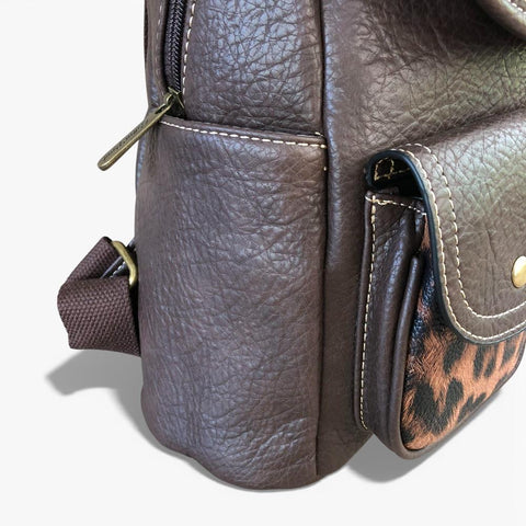 Cotton Road Backpack: BROWN PU Leather Backpack with ANIMAL Print detailing