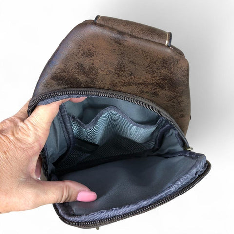 Cotton Road Backpack: COFFEE BROWN PU Leather Cross Body Bag / Mini Backpack