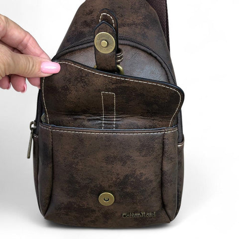 Cotton Road Backpack: COFFEE BROWN PU Leather Cross Body Bag / Mini Backpack