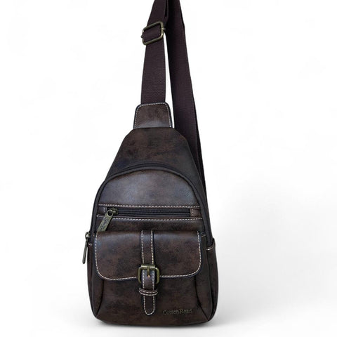 Cotton Road Backpack: COFFEE BROWN PU Leather Cross Body Bag / Mini Backpack