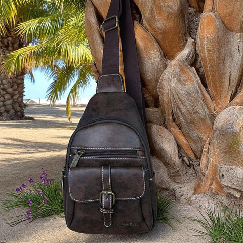 Cotton Road Backpack: COFFEE BROWN PU Leather Cross Body Bag / Mini Backpack