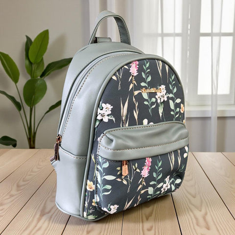 Cotton Road Backpack: GREEN PU Leather Mini Backpack with FLORAL Panel