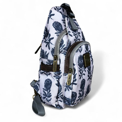 Cotton Road Backpack: GREY CANVAS Cross Body Bag / Mini Backpack with PROTEAS