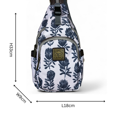 Cotton Road Backpack: GREY CANVAS Cross Body Bag / Mini Backpack with PROTEAS