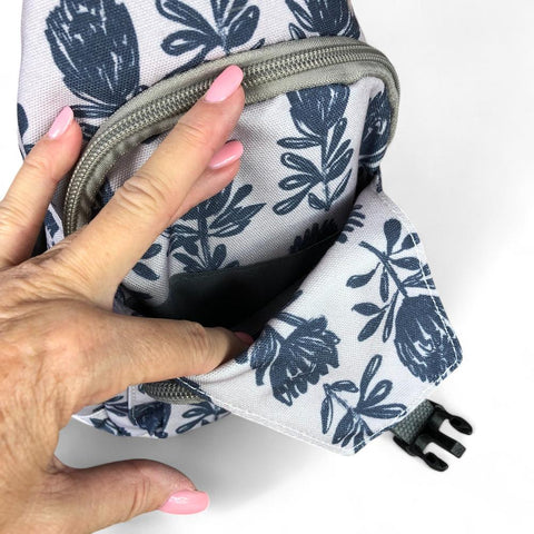 Cotton Road Backpack: GREY CANVAS Cross Body Bag / Mini Backpack with PROTEAS