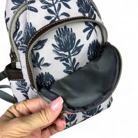 Cotton Road Backpack: GREY CANVAS Cross Body Bag / Mini Backpack with PROTEAS