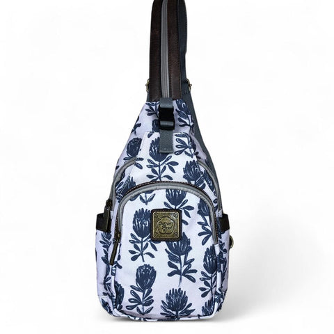 Cotton Road Backpack: GREY CANVAS Cross Body Bag / Mini Backpack with PROTEAS