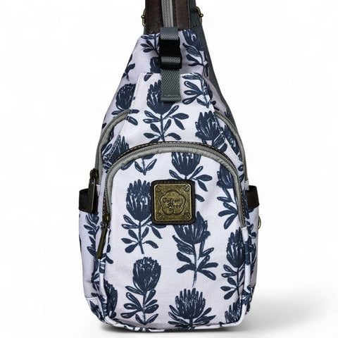 Cotton Road Backpack: GREY CANVAS Cross Body Bag / Mini Backpack with PROTEAS