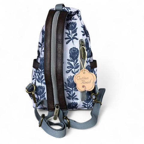 Cotton Road Backpack: GREY CANVAS Cross Body Bag / Mini Backpack with PROTEAS