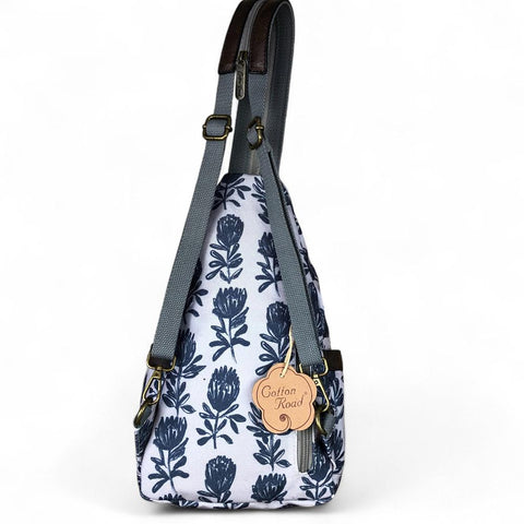 Cotton Road Backpack: GREY CANVAS Cross Body Bag / Mini Backpack with PROTEAS