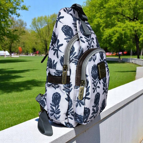 Cotton Road Backpack: GREY CANVAS Cross Body Bag / Mini Backpack with PROTEAS