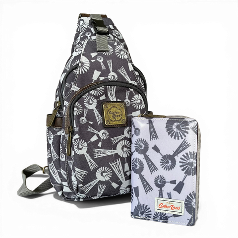 Cotton Road Backpack: GREY CANVAS with WINDMILLS and Matching Wallet