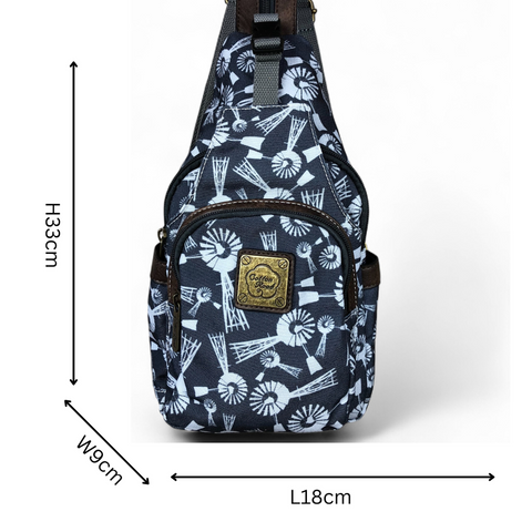 Cotton Road Backpack: GREY CANVAS with WINDMILLS and Matching Wallet