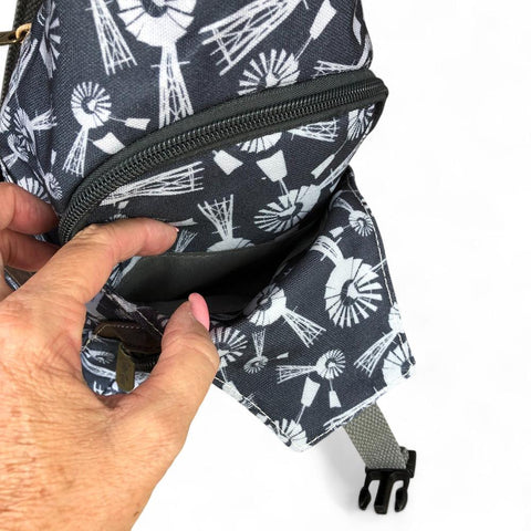 Cotton Road Backpack: GREY CANVAS with WINDMILLS and Matching Wallet
