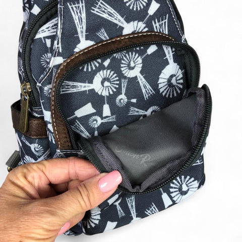Cotton Road Backpack: GREY CANVAS with WINDMILLS and Matching Wallet