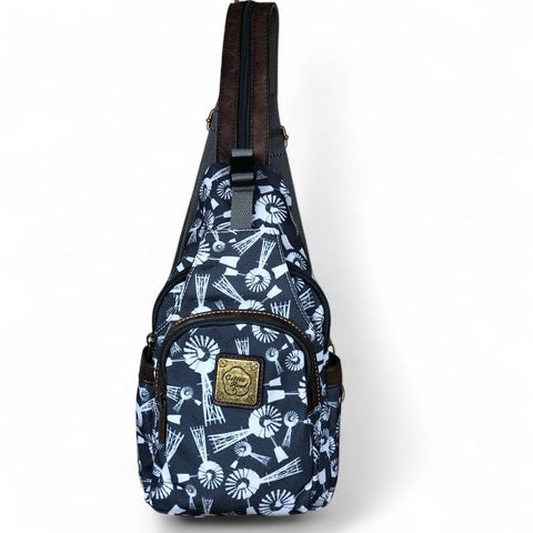 Cotton Road Backpack: GREY CANVAS with WINDMILLS and Matching Wallet