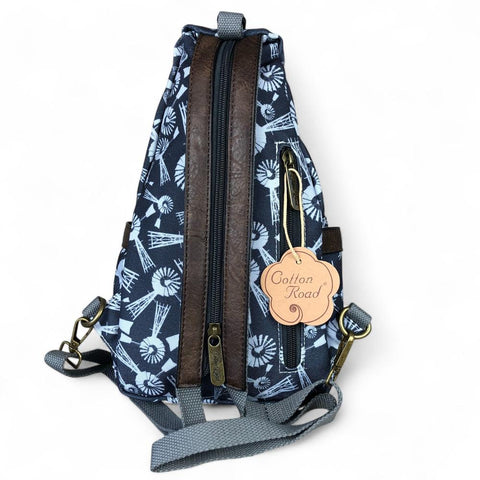 Cotton Road Backpack: GREY CANVAS with WINDMILLS and Matching Wallet