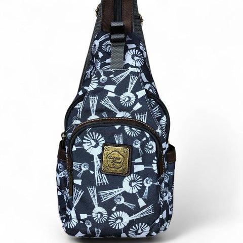 Cotton Road Backpack: GREY CANVAS with WINDMILLS and Matching Wallet