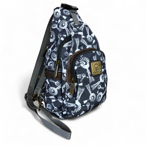 Cotton Road Backpack: GREY CANVAS with WINDMILLS and Matching Wallet