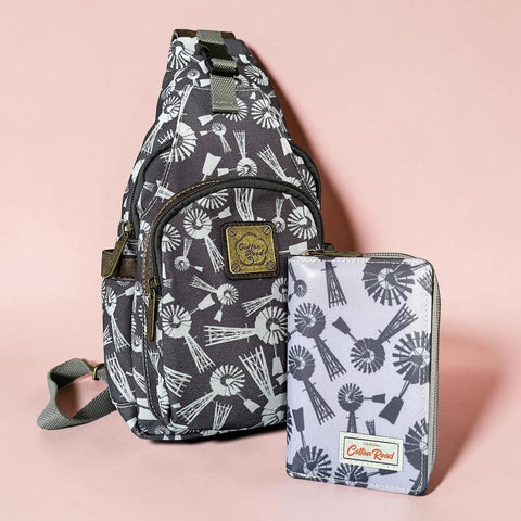 Cotton Road Backpack: GREY CANVAS with WINDMILLS and Matching Wallet