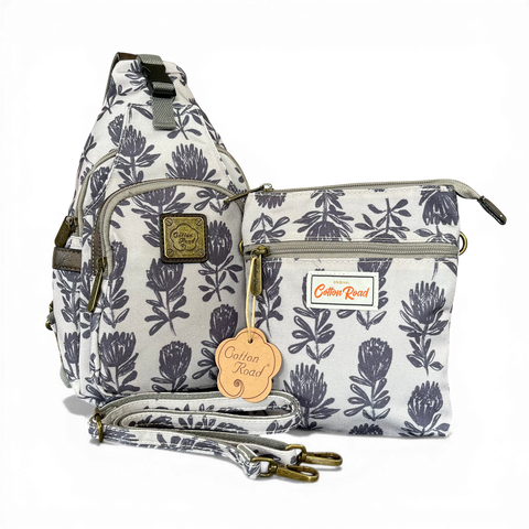Cotton Road Backpack: Grey Canvas with PROTEAS and Matching Sling Bag
