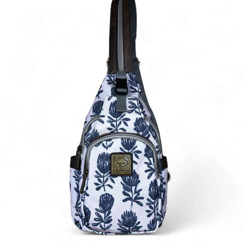 Cotton Road Backpack: Grey Canvas with PROTEAS and Matching Sling Bag
