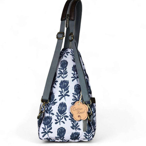 Cotton Road Backpack: Grey Canvas with PROTEAS and Matching Sling Bag