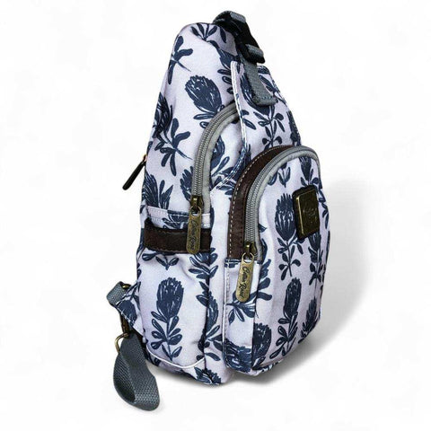 Cotton Road Backpack: Grey Canvas with PROTEAS and Matching Sling Bag