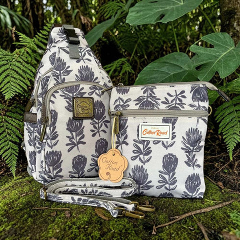 Cotton Road Backpack: Grey Canvas with PROTEAS and Matching Sling Bag