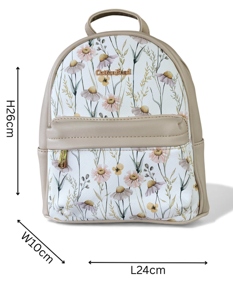 Cotton Road Backpack: IVORY PU Leather Mini Backpack with FLORAL Panel