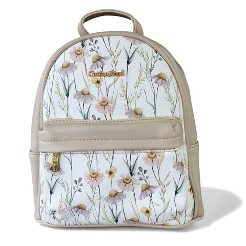 Cotton Road Backpack: IVORY PU Leather Mini Backpack with FLORAL Panel