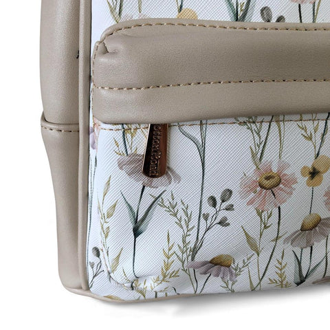 Cotton Road Backpack: IVORY PU Leather Mini Backpack with FLORAL Panel