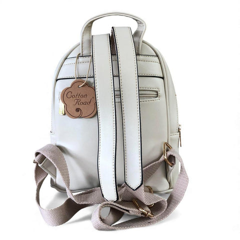 Cotton Road Backpack: IVORY PU Leather Mini Backpack with FLORAL Panel