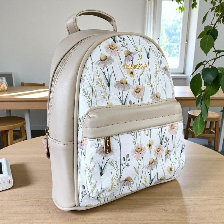 Cotton Road Backpack: IVORY PU Leather Mini Backpack with FLORAL Panel