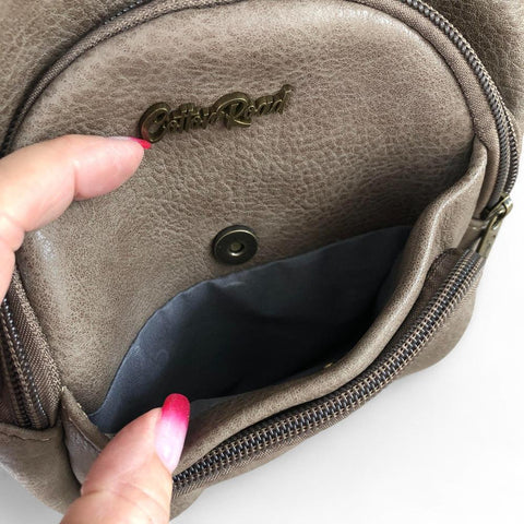 Cotton Road Backpack: KHAKI PU Leather Cross Body Bag / Mini Backpack