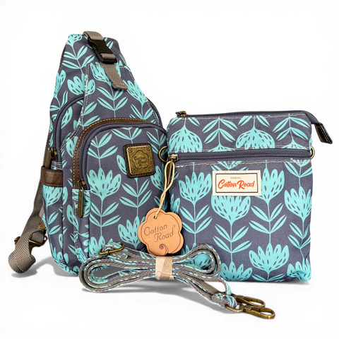 Cotton Road Backpack: Mini BLUE Canvas with PROTEAS and Matching Bag Set