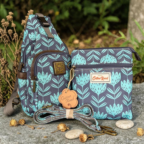 Cotton Road Backpack: Mini BLUE Canvas with PROTEAS and Matching Bag Set