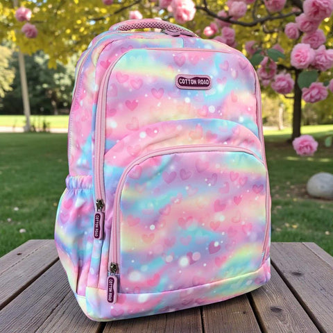 Cotton Road Backpack: PINK MULTIcolor Canvas Backpack with HEARTS
