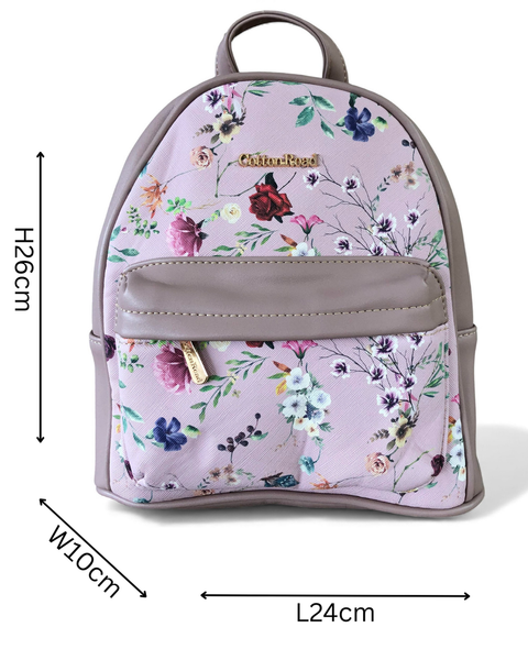 Cotton Road Backpack: PINK PU Leather Mini Backpack with FLORAL Panel
