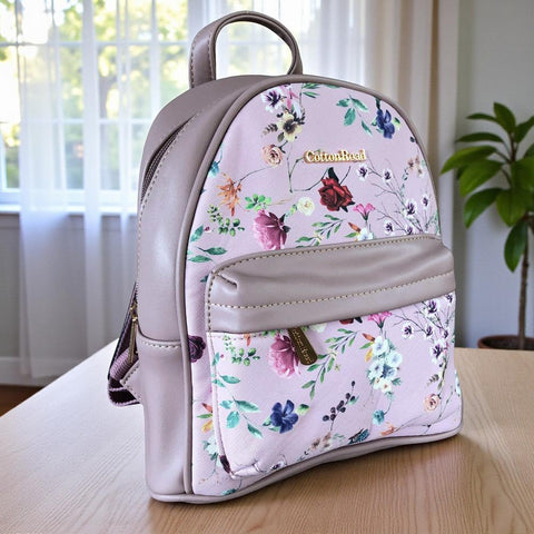 Cotton Road Backpack: PINK PU Leather Mini Backpack with FLORAL Panel